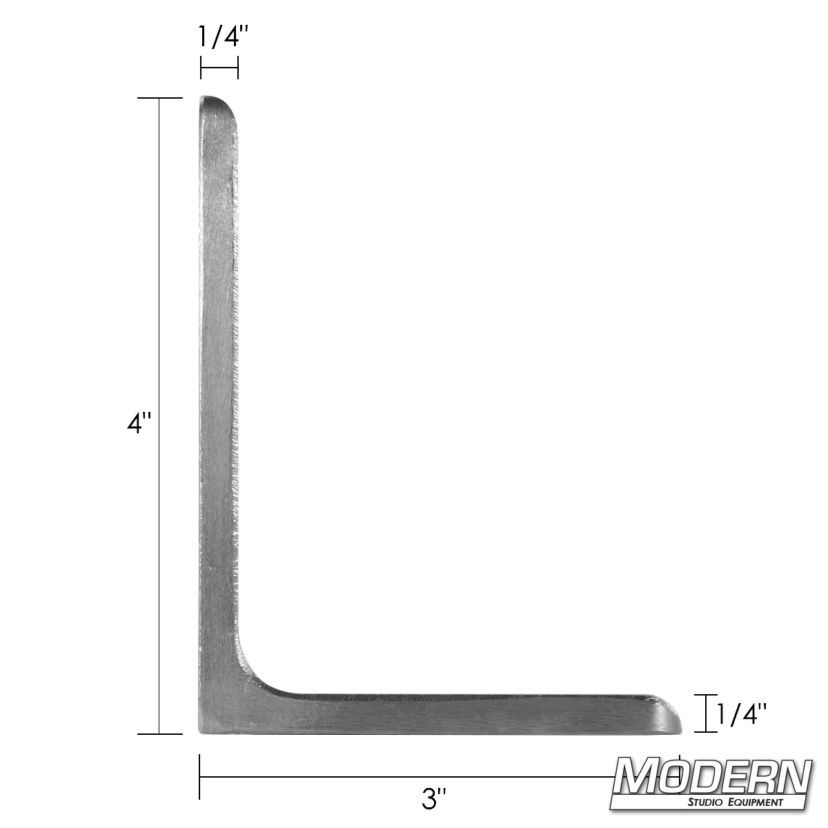 Brushed aluminum Mini Cheese L-Plate with dimensions, used for film grip and rigging, 4" long leg, 3" short leg, 1/4" thick.