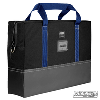 Black Cordura carrying bag with blue handles, vinyl bottom, and heavy duty zipper by Modern Studio Equipment for film grip rigging.