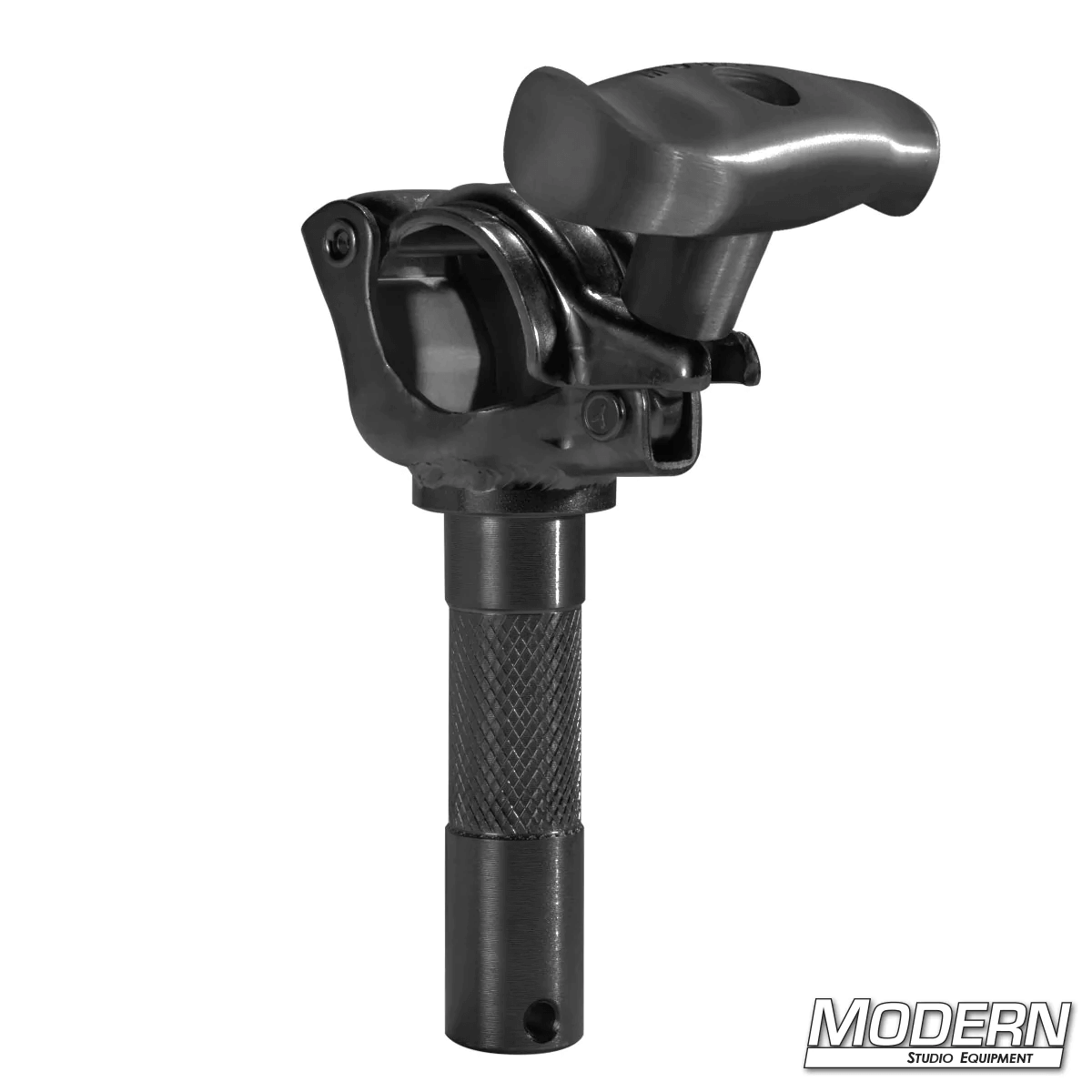 Black zinc grid clamp with junior male pin and spin handle for film grip rigging.