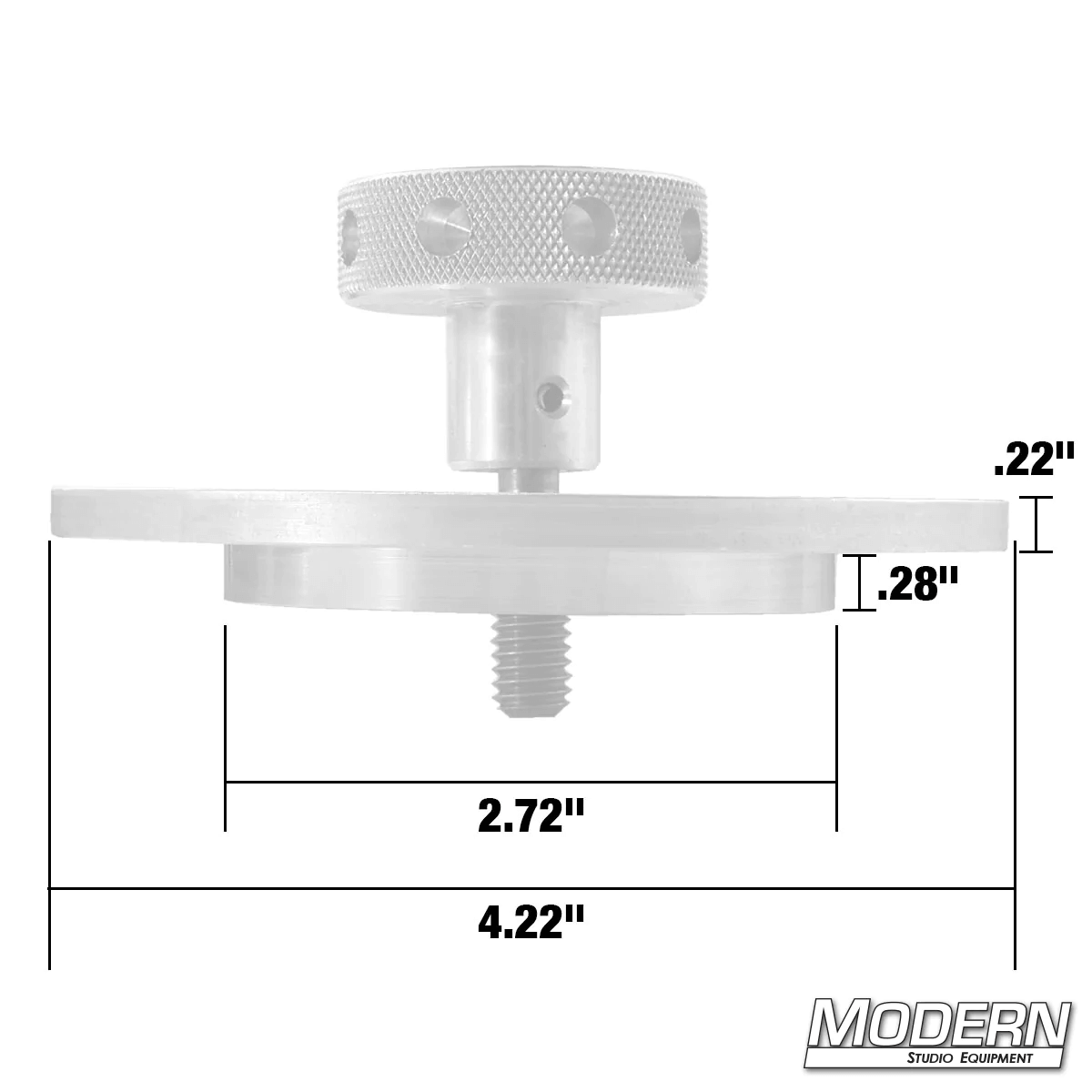 Camera tie-down knob for film grip and rigging with dimensions detailed. Modern Studio Equipment branding.