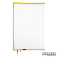 White artificial silk scrim with yellow frame for film grip and rigging, designed to diffuse light and reduce reflectance on set.