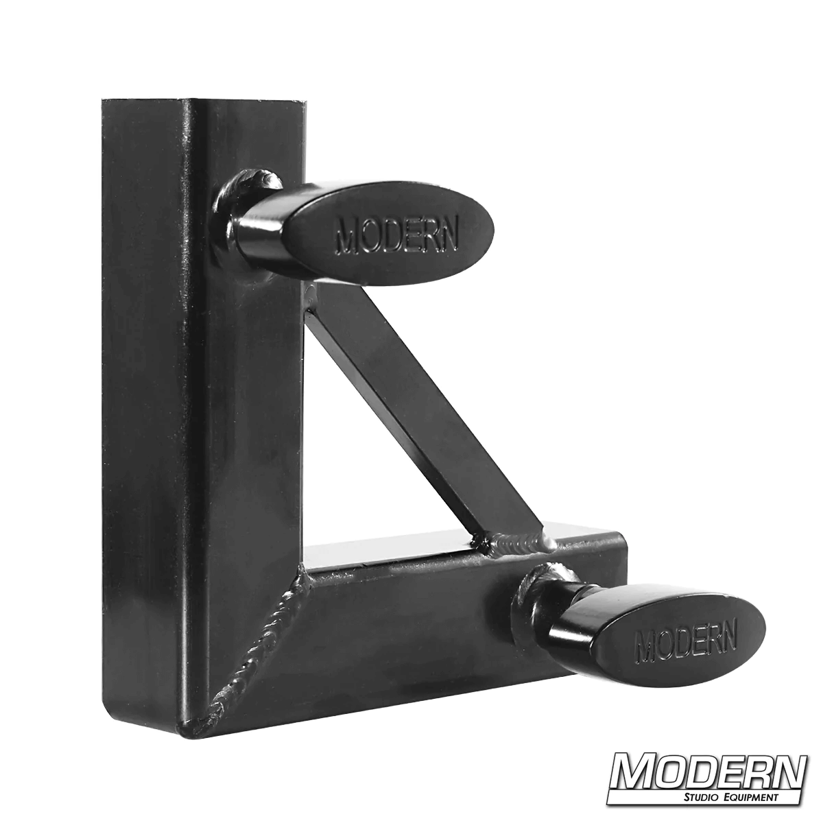 Corner fitting for 1-inch square tube with T-handles, black zinc finish, used in film grip and rigging to create 90-degree aluminum frames.