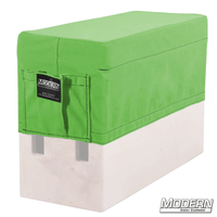 Horizontal Apple Box with green Cordura 1000 fabric seat cover, built for rigging and grip use in film sets.