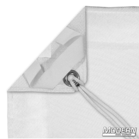 White double scrim with webbing, grommets, and ties, used in film grip rigging to reduce light and add bounce, includes storage bag