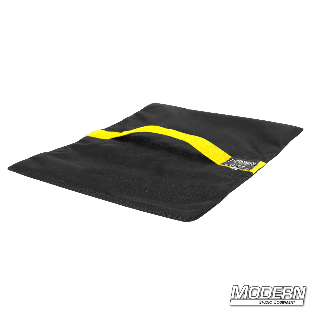 Black Cordura sandbag with yellow velcro closure for film grip rigging, empty and ready to fill, 20 lbs capacity, by Modern Studio Equipment