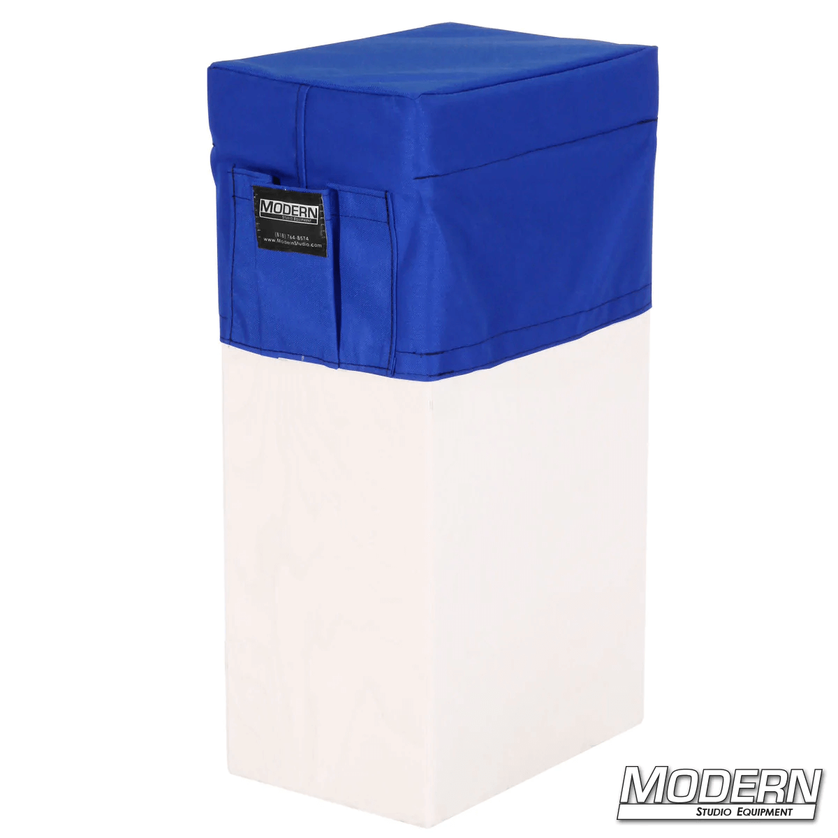 Vertical Apple Box Seat Cover with Pocket in blue Cordura fabric for film grip and rigging, adding comfort and durability on set.