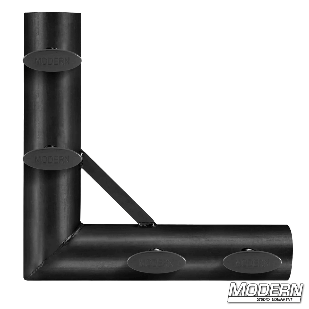 Black zinc corner fitting with T-handles for 1-1/2" Speed-Rail; used in film grip and rigging to create 90º frame corners.