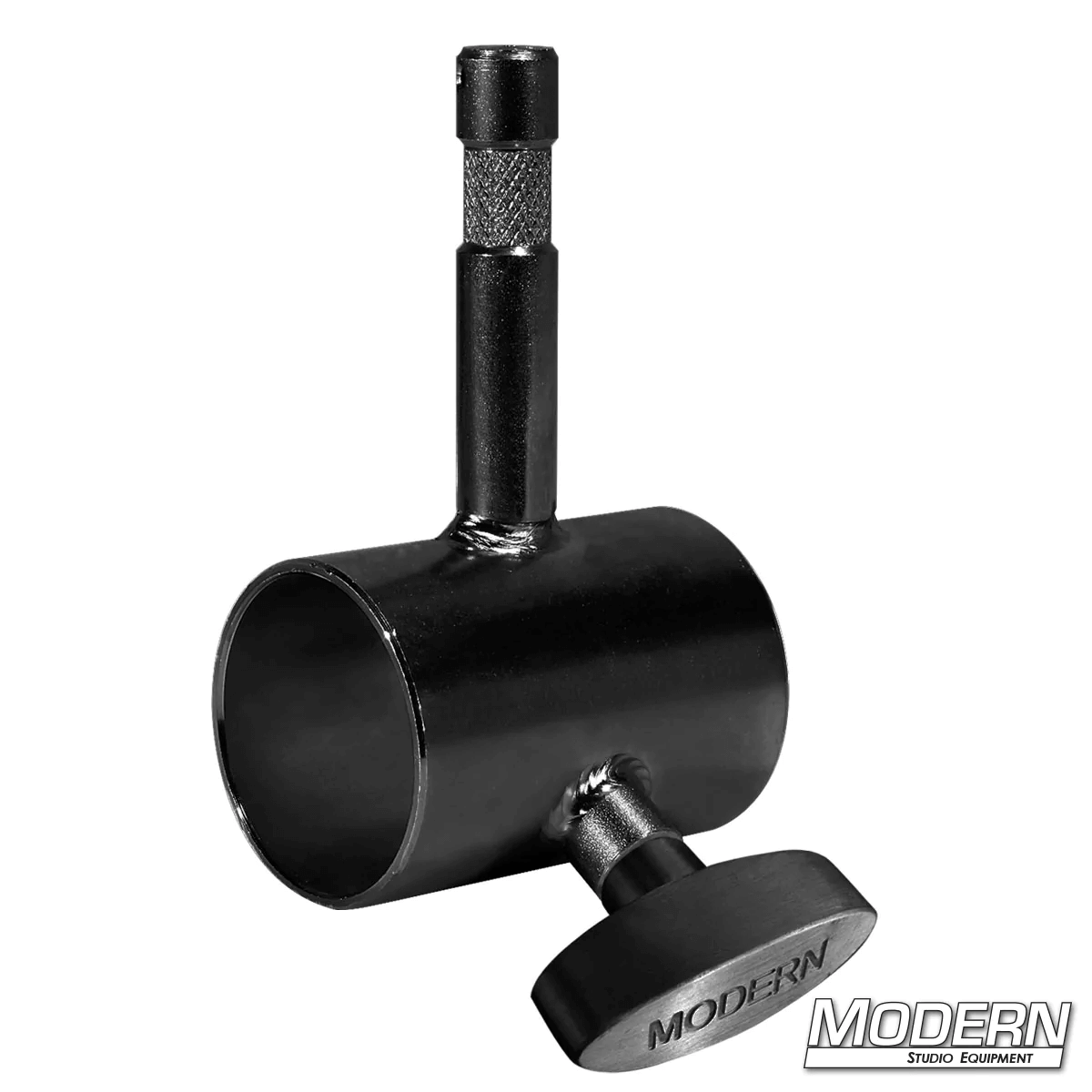 Black zinc steel film grip slider with baby pin and T-handle for 1-1/4 inch Speed-Rail®, suited for 5/8" male rigging applications.