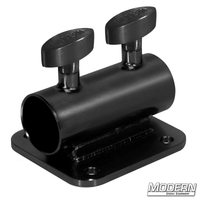 Black zinc horizontal receiver with flat plate and T-handles for 1-1/2" Speed-Rail® used in film grip and rigging.