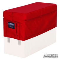 Horizontal Apple Box Seat Cover with Pocket in red made with Cordura 1000 fabric for film grip and rigging comfort