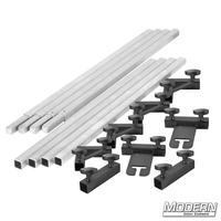 8' x 8' breakdown frame kit with 1-inch square aluminum tubes, corners, sliding ears, and T-handles for film grip rigging.