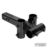 Small trailer hitch adapter with 1-1/2-inch receivers for film grip rigging, black zinc finish, fits standard hitch pin.