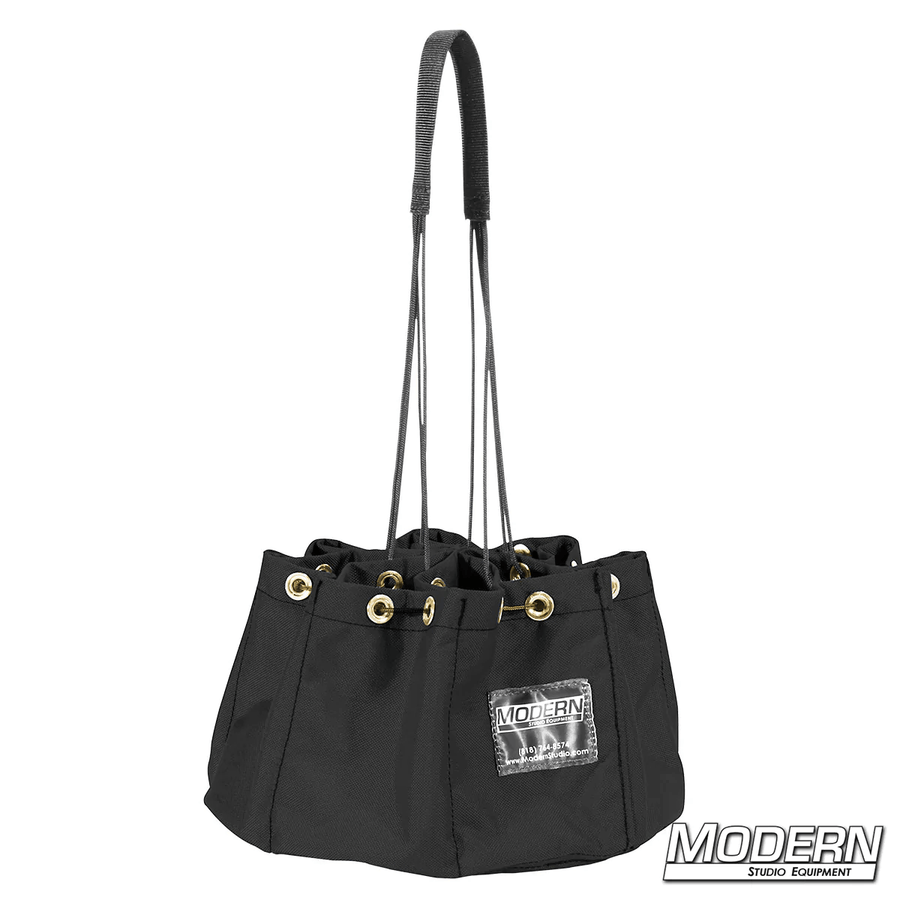 Black cordura nail and screw bag with 6 pockets for film grip rigging and organizing small parts, connectors, and fasteners.