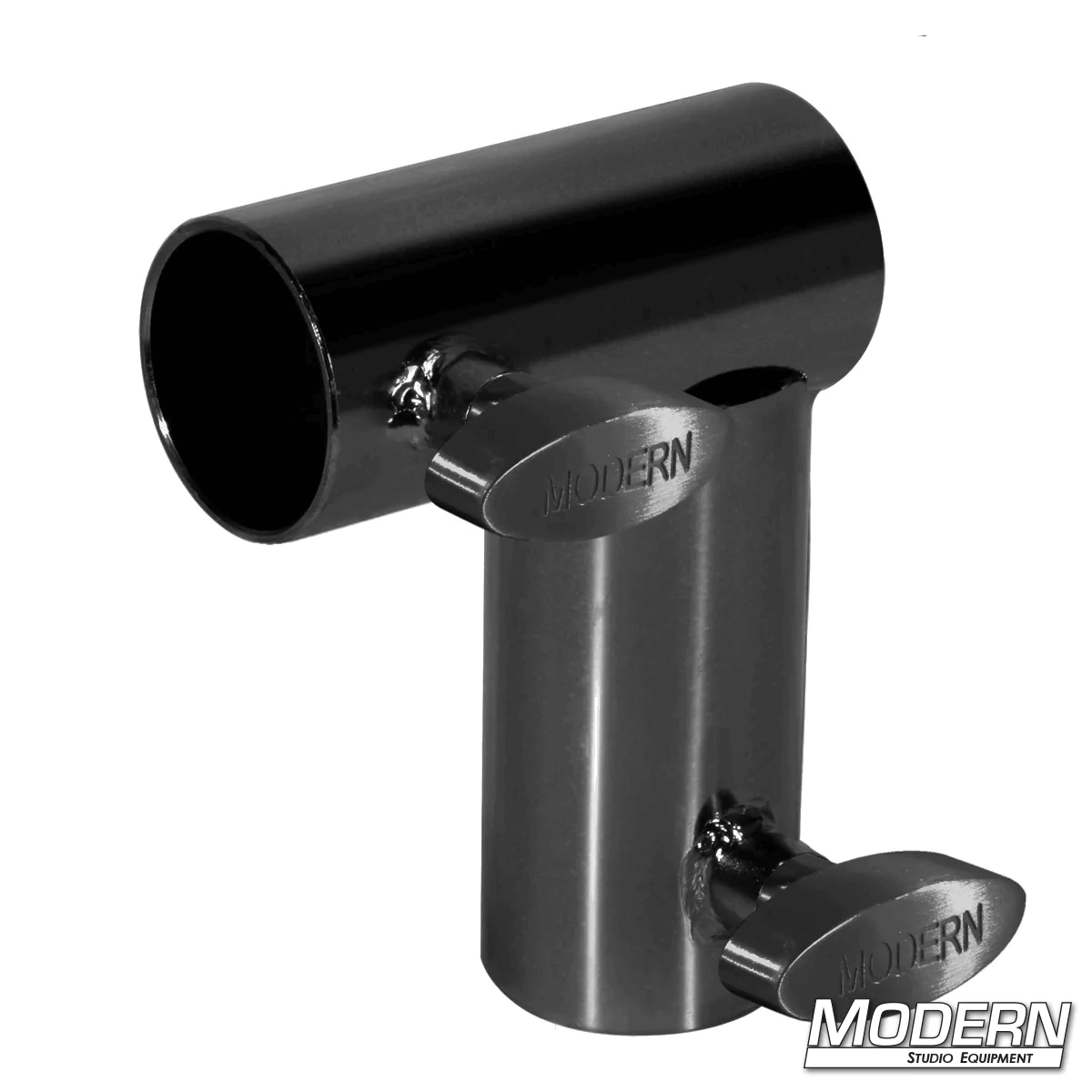 Black zinc Mini Corner for 1-1/4" Speed-Rail® with T-Handles for film grip and rigging, creating 90-degree corners in aluminum frames.