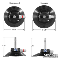 6-inch suction cup with 5/8-inch baby pin, 1/4-inch thread, for film grip rigging by Wood's Powr Grip showing disengaged and engaged states