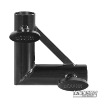 Pipe corner fitting for 1-inch round pipe with black zinc finish and T-handles, used for film grip and rigging.