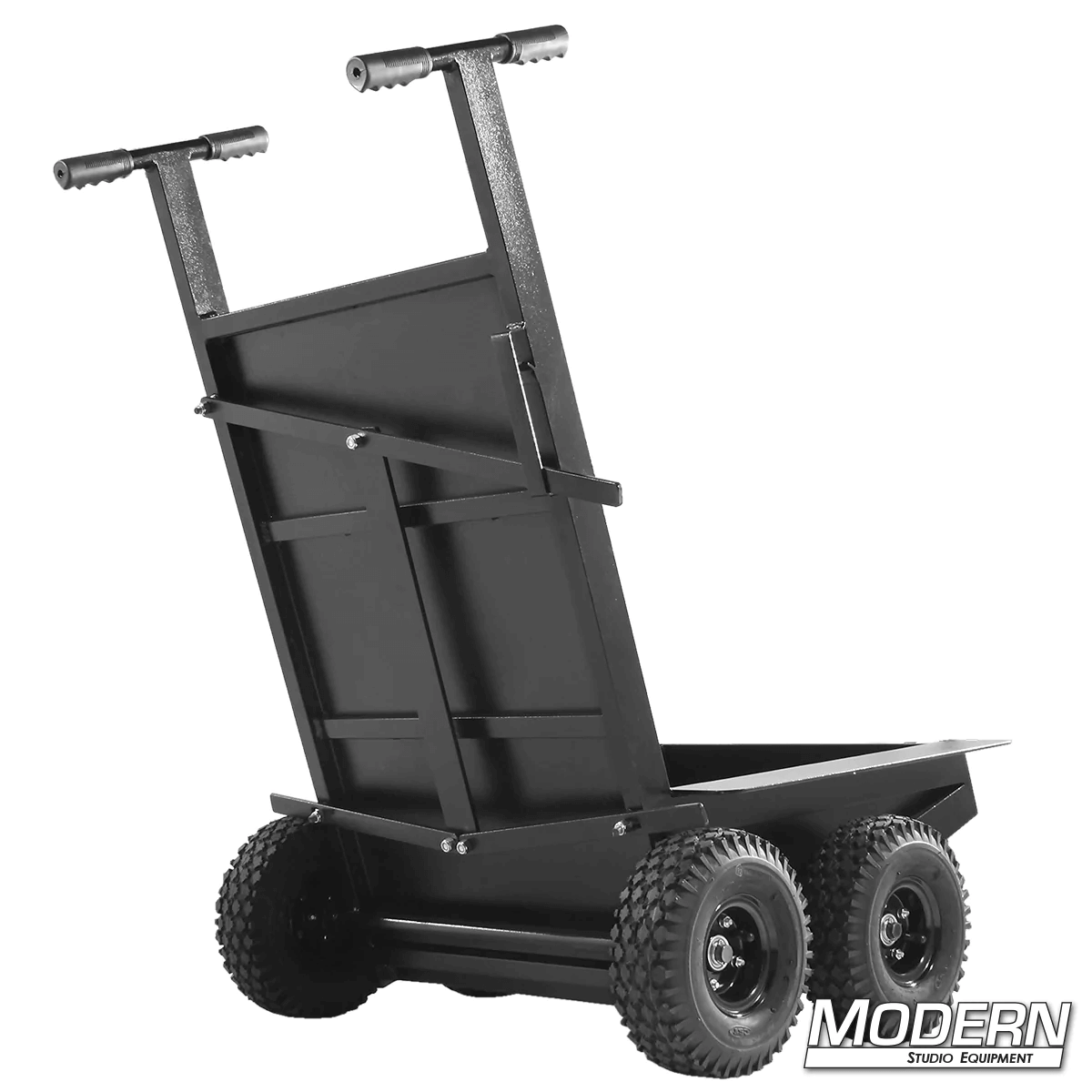 Studio Cart with sturdy base, rigid wheels, and hand brake for film grip and rigging equipment transport.