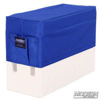 Horizontal Apple Box Seat Cover with Pocket in blue Cordura fabric for film grip and rigging.