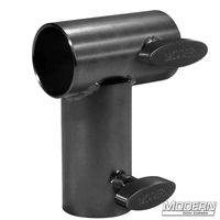 Right-angle black zinc mini corner fitting with T-handles for film rigging on 1-1/2" Speed-Rail® frame, welded for 90° pass-through.