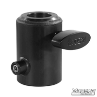 Black zinc candlestick maker fitting for film grip rigging tools integrating 1-1/2" Speed-Rail® to a 1-1/8" female receiver