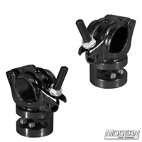 Set of two black zinc I-Beam Grid Clamps with nut for film grip and rigging, designed to adapt i-beam to aluminum pipe.