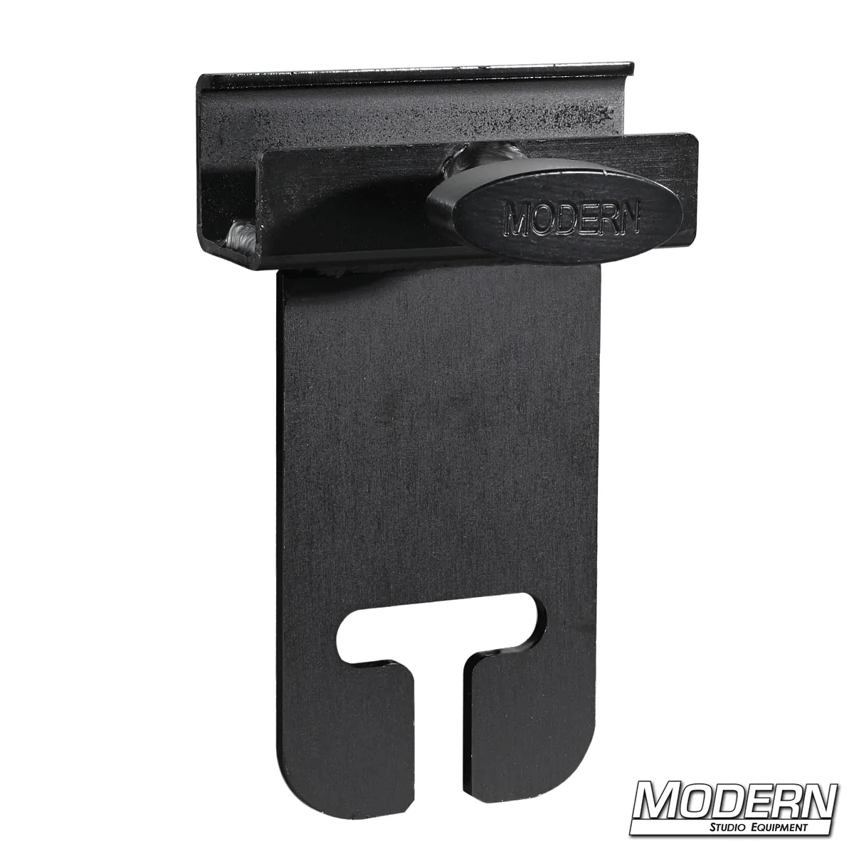 Black zinc flip flop ear clamp for 1-inch square tube used in film grip rigging setup.