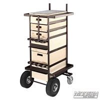 Steel grip cart for film rigging with 3 small and 3 large wooden drawers, fixed rear casters, and front swiveling, braked casters.