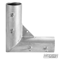 Welded aluminum corner fitting for 4-inch irrigation pipe, used in film grip rigging setups for creating 90º frame angles.