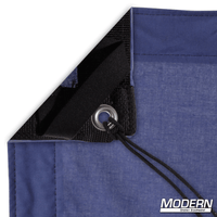 Night Blue Muslin textile for film rigging with webbing, grommet, and tie showing on the corner.