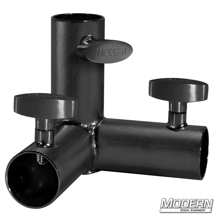 3-Way Pass Through Corner for 1-1/4-inch Speed-Rail in black zinc with T-Handles for film grip and rigging