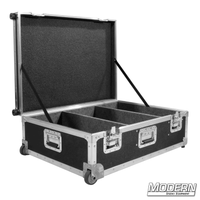 Rolling camera bazooka case for film grip rigging equipment with open lid and dividers, ideal for secure transportation.