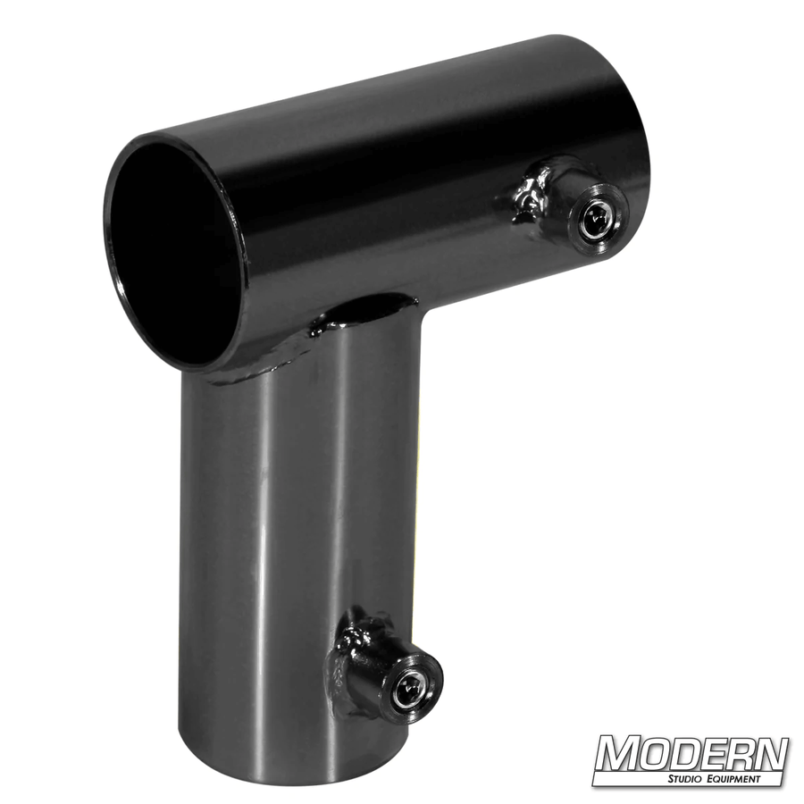 Black zinc Mini Corner fitting with set screws for 1-1/4-inch Speed-Rail® for rigging film grip equipment.