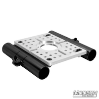 Mitchell Truss Plate with standard hole and two 1-1/2" slider brackets for film grip and rigging on Schedule 40 aluminum Speed-Rail.