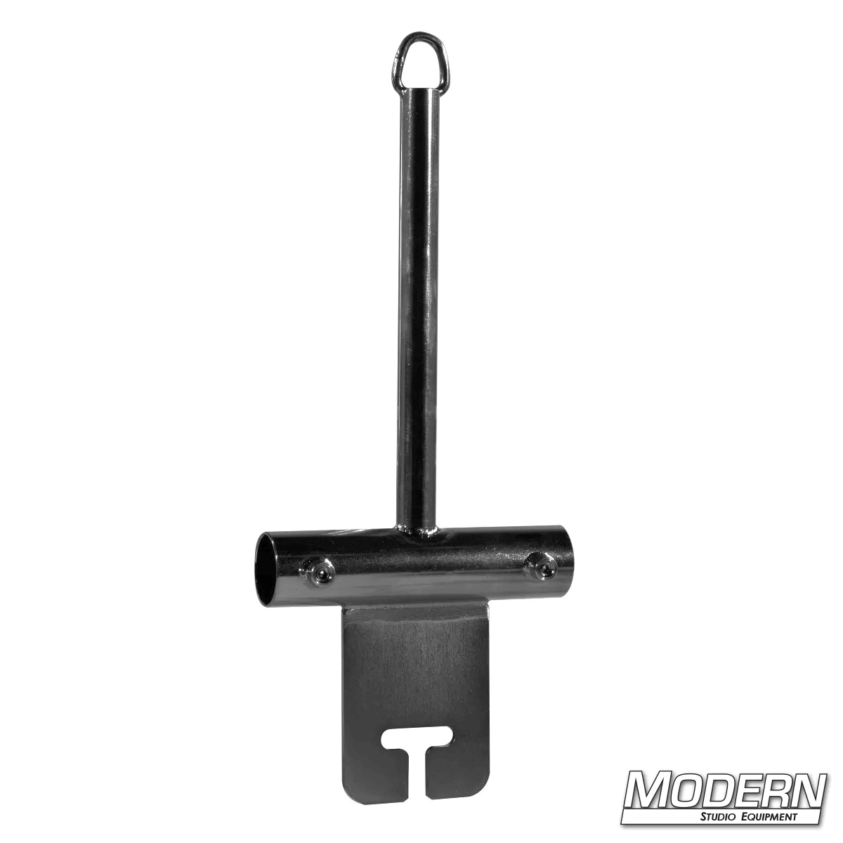 Center boom post with ear for 1-1/4-inch Speed-Rail® in black zinc finish used in film grip and rigging setups.