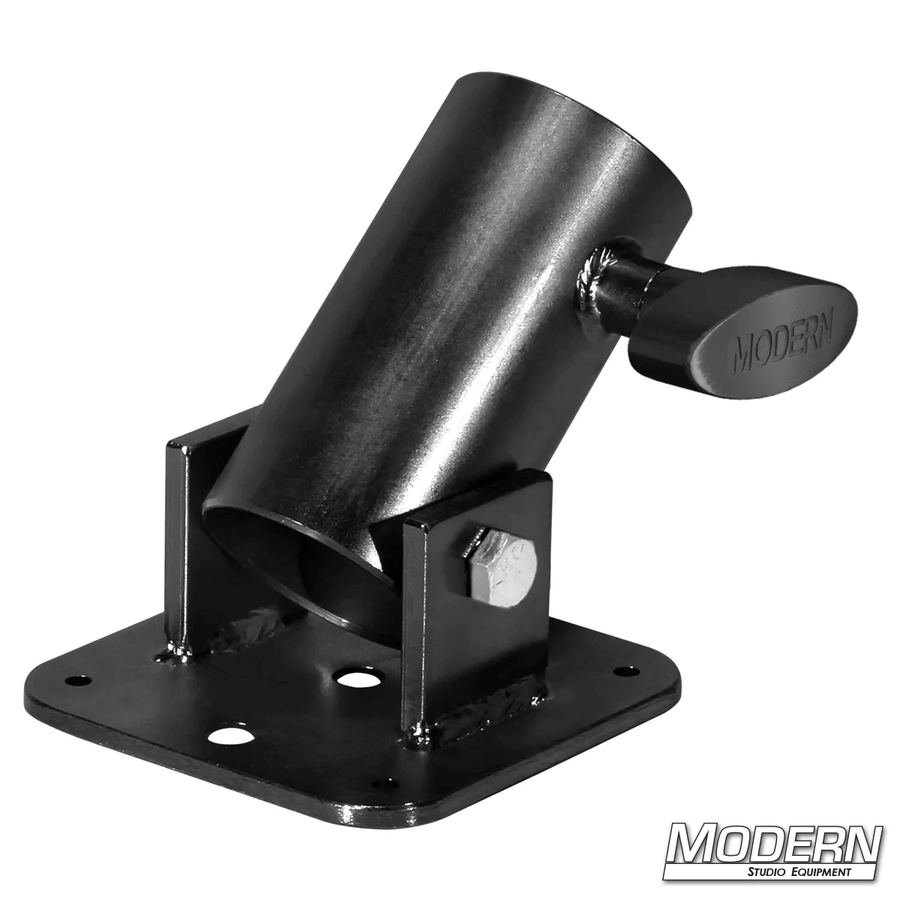 1-1/4-inch black zinc pipe rocker receiver for Speed-Rail with T-handle, used in film grip rigging.