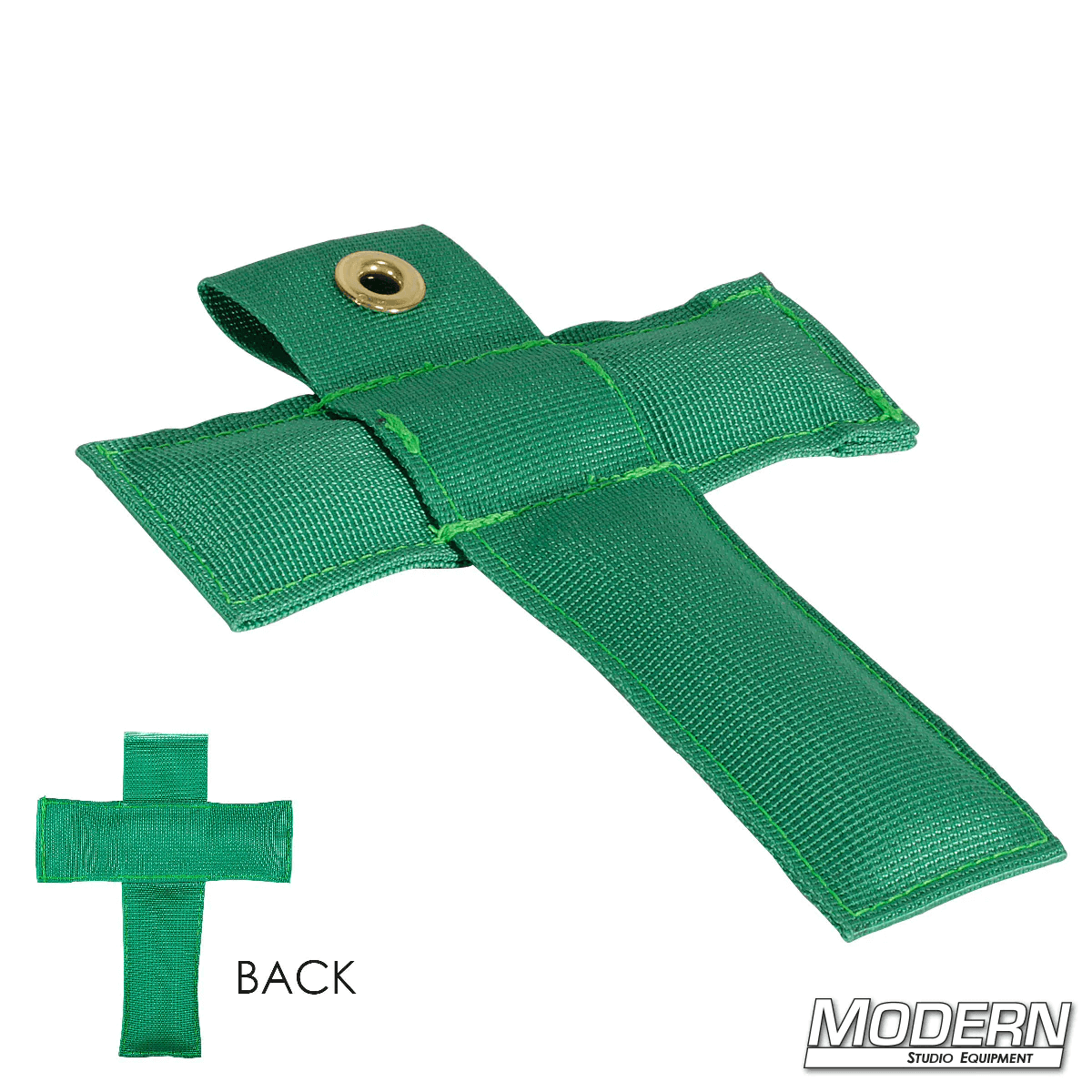 Green Modern T Marker for film grip and rigging, made of Cordura 1000, 6 inches long, shown front and back views.