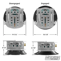 Suction Cup Camera Wedge Plate by Wood's Powr-Grip showing dimensions and engaged/disengaged positions for film grip rigging.