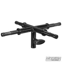 Baby 4-Way Adapter in Black Zinc with four 5/8" receivers for film grip rigging.