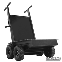 Studio cart with four 10" wheels for film grip and rigging, holds cables, sandbags, lamps, crates, and boxes, equipped with hand brake.