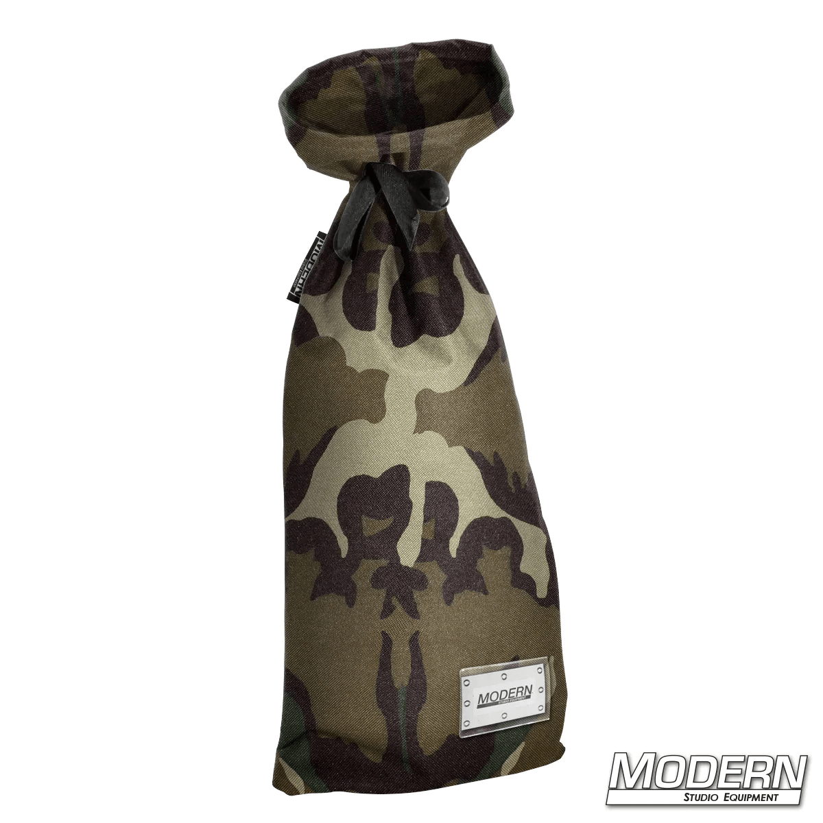 Camouflage storage bag with nylon cord and plastic labeling sleeve, ideal for film grip rigging, 12" wide base, 27" length, Modern branding.