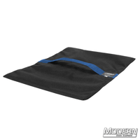 35 lb Cordura Flyaway Sandbag for film grip rigging, shown empty with velcro closure, silica sand not included, black with blue stripe