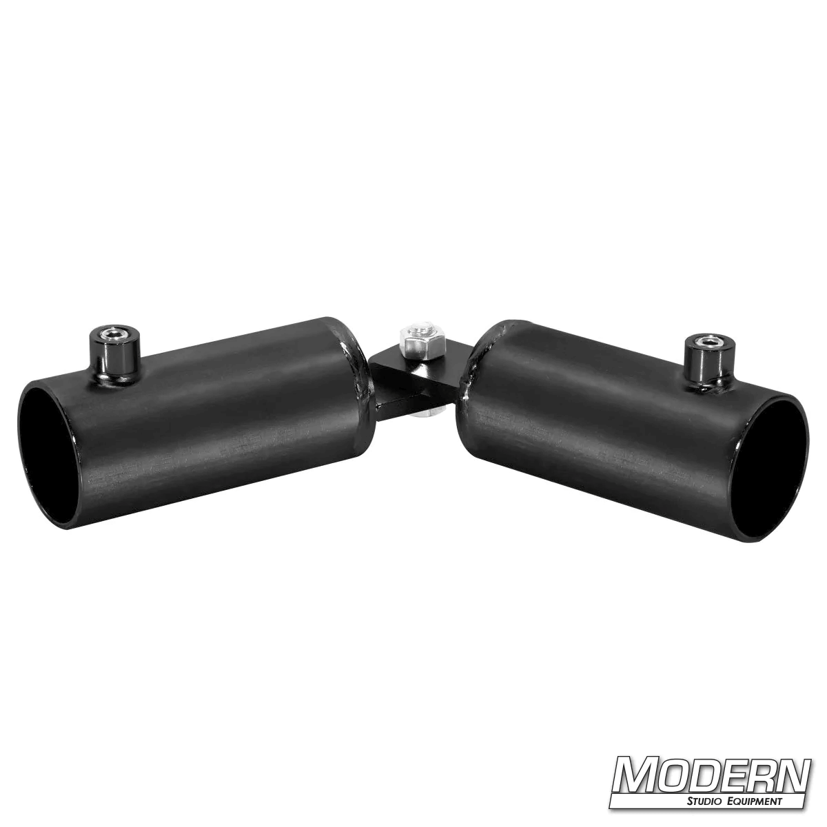 Adjustable Corner fitting for 1-1/4-inch Speed-Rail® in black zinc with set screws, used for creating adjustable angles in film grip rigging.