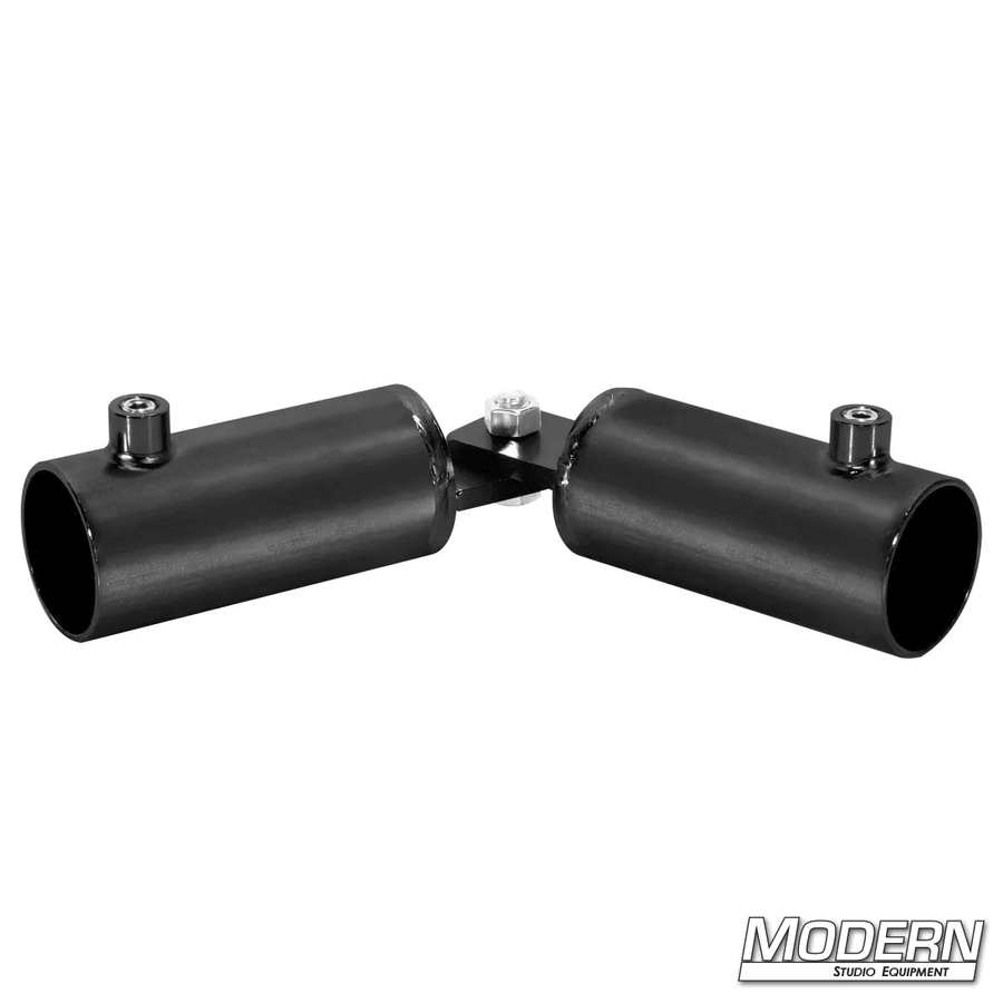 Adjustable Corner fitting for 1-1/4-inch Speed-Rail® in black zinc with set screws, used for creating adjustable angles in film grip rigging.