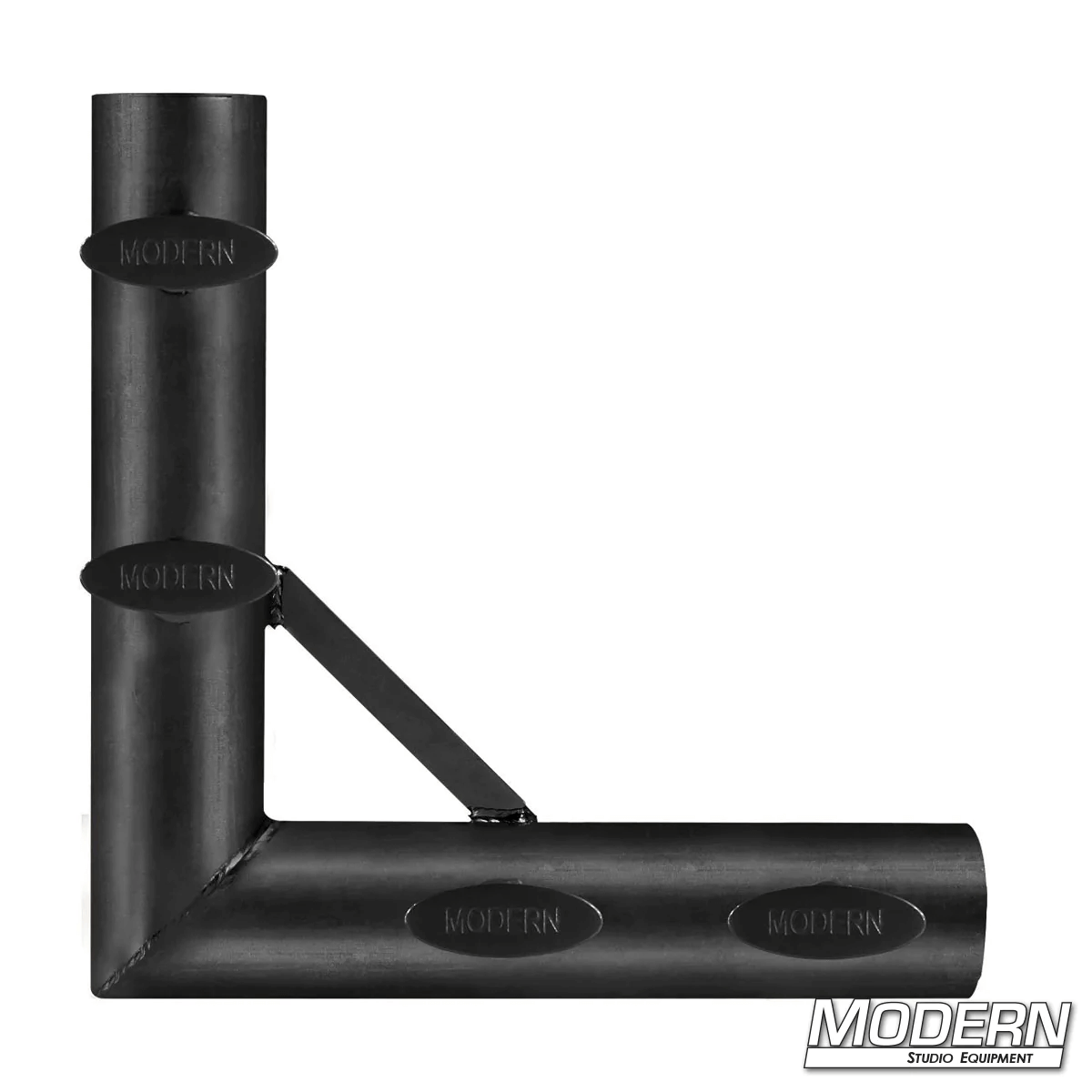 Black zinc corner fitting for 1-1/4-inch Speed-Rail® with T-handles, creating a 90º corner for film grip and rigging applications.