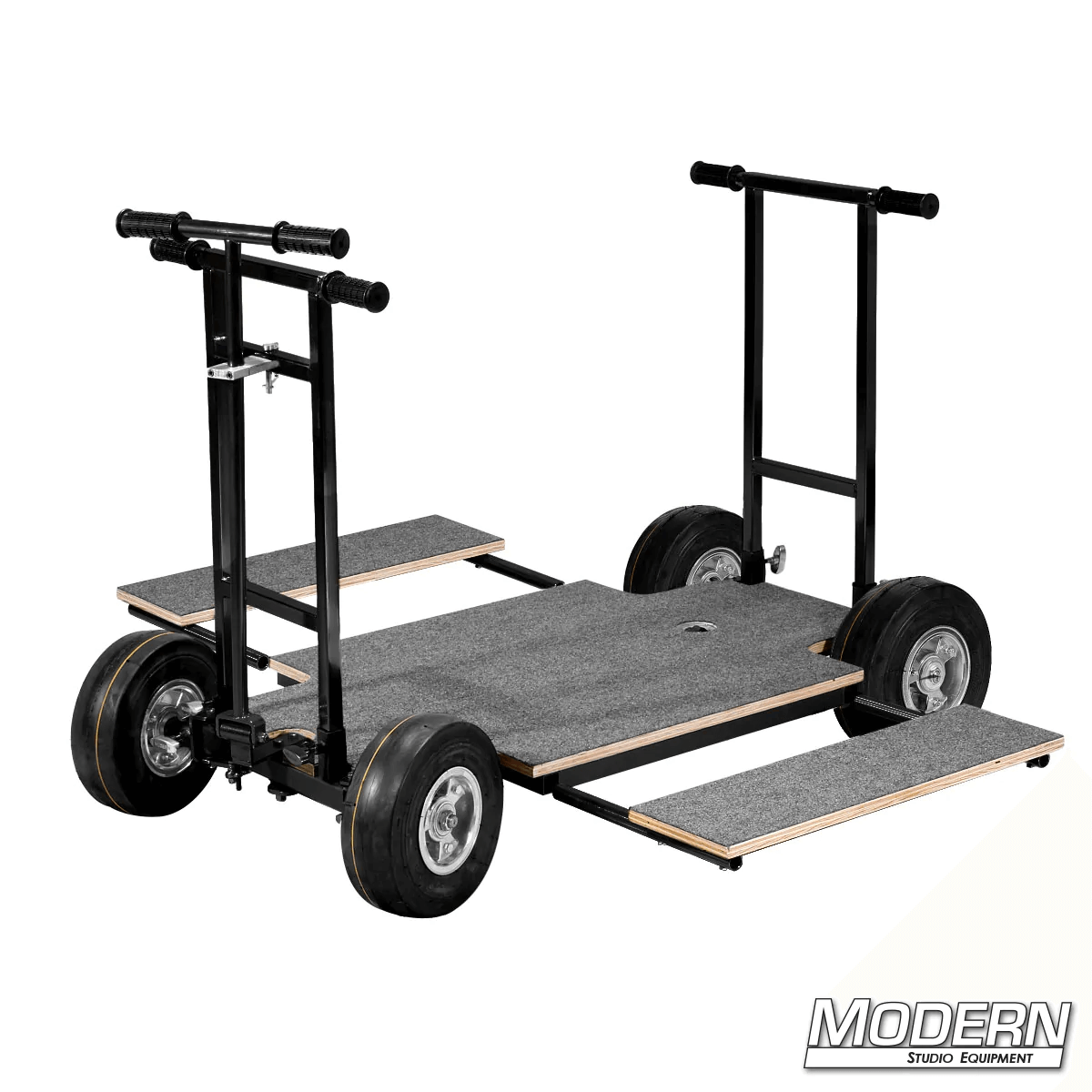 Black Zinc Doorway Dolly with Conventional Steering, wood platform, push and pull bars, side boards, ideal for film grip and rigging.