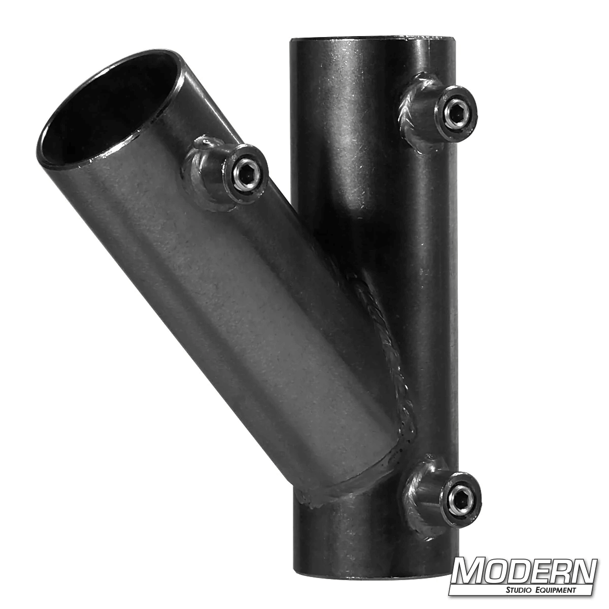 45° Pipe Receiver for 1-1/4-inch Speed-Rail® in black zinc with set screws for film rigging and grip equipment.