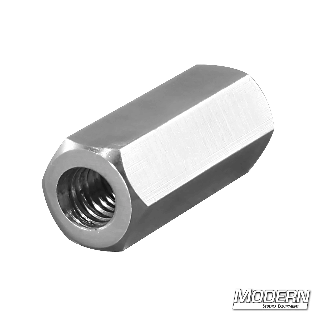 Aluminum 1/4" to 3/8" female adapter for film grip rigging.