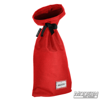 Extra small red storage bag for film grip rigging with nylon cord for tying and plastic sleeve for labeling.