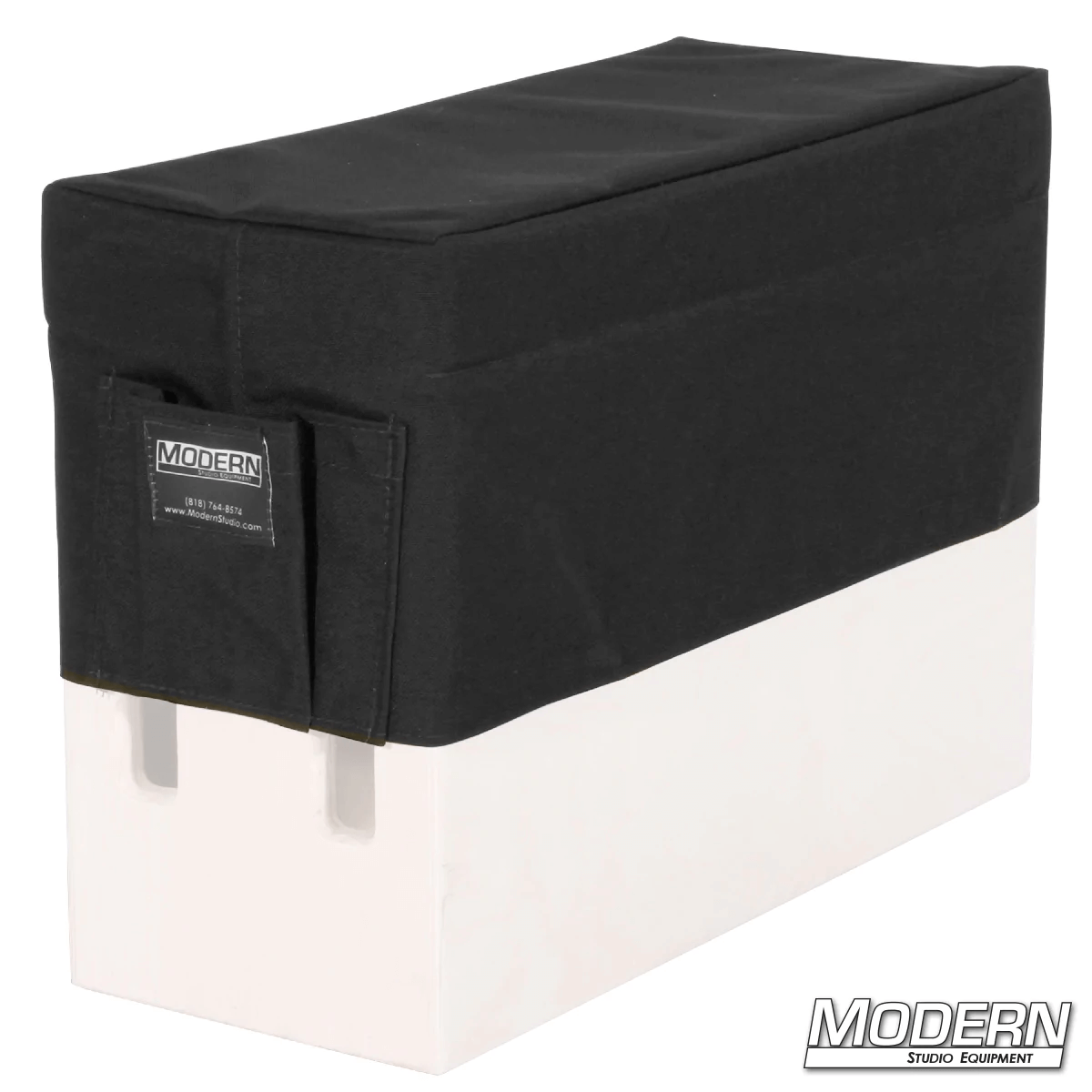 Horizontal Apple Box Seat Cover with Pocket for film grip rigging, black Cordura padded seat cushion on white box