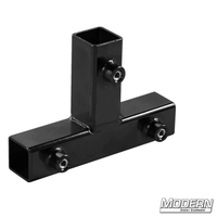 Black zinc tee for 1-inch square tube with set screws, enhancing strength for film grip and rigging on aluminum frames.